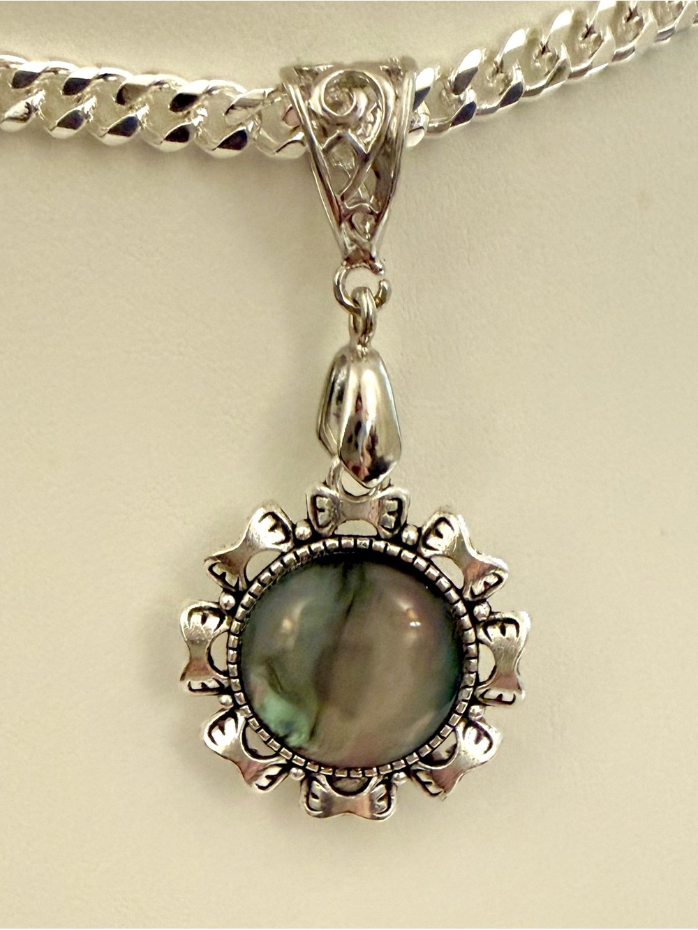 S925 Sterling Silver Abalone Shell Pendant Necklace Floral Artisan Statement